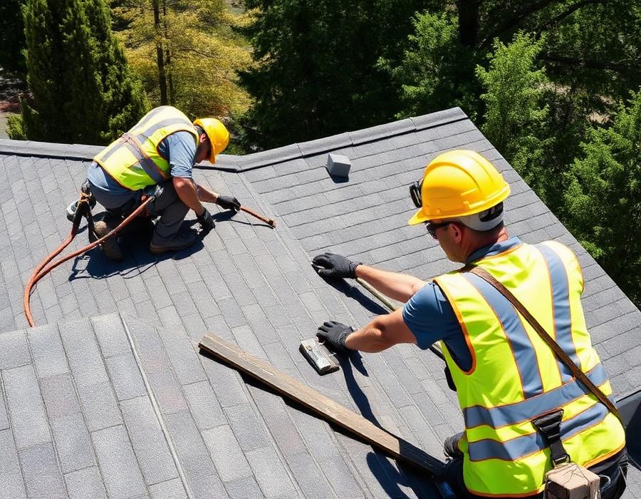 Roofing crew installing shingles